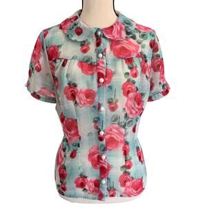 Hell Bunny Suzannah Rose Plaid Print Retro Blouse Peter Pan Collar 50's Retro M